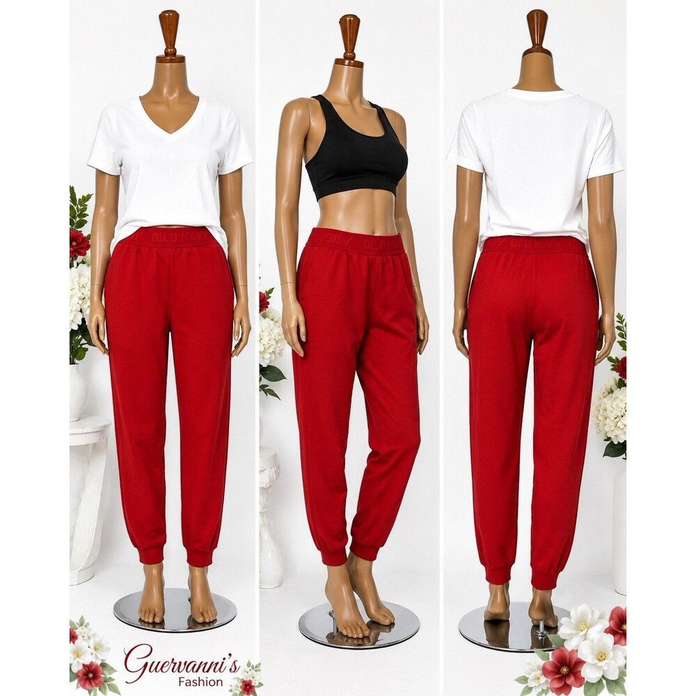 Old Navy  Red Jogger Pants Women Sz L Casual Lounge Sleep L Waistband Cuffed